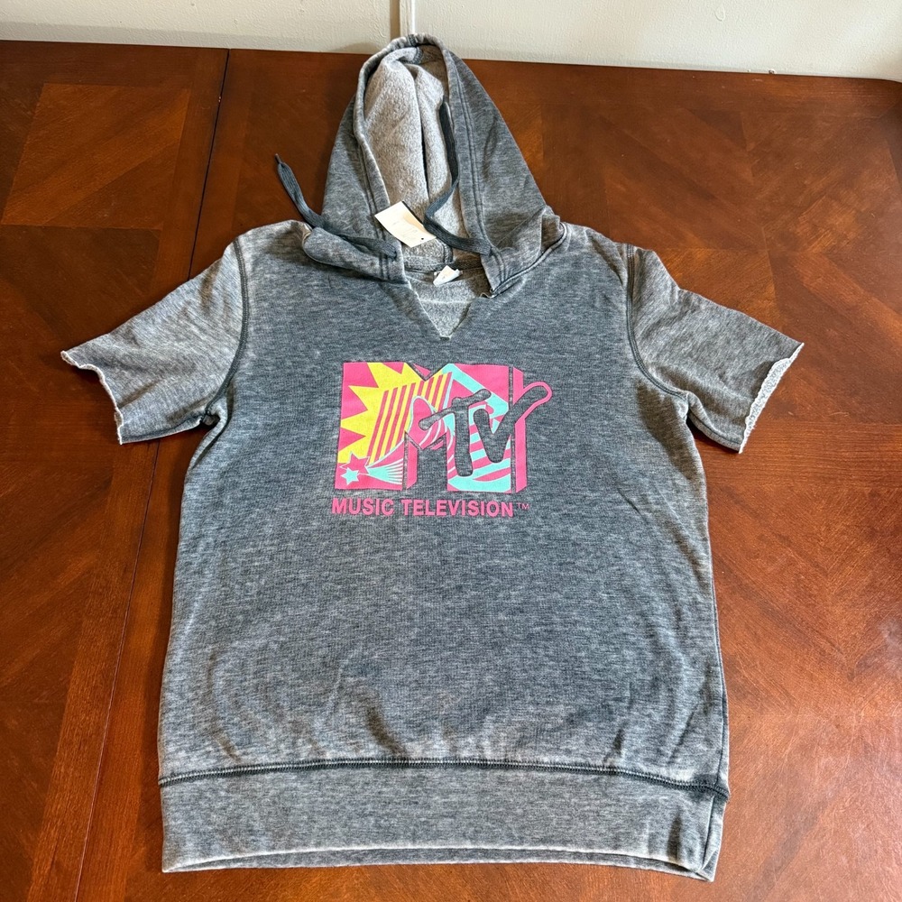 MTV Music Television‎ Women's Short Sleeve Hoodie Sweatshirt Retro Logo Sz M NWT